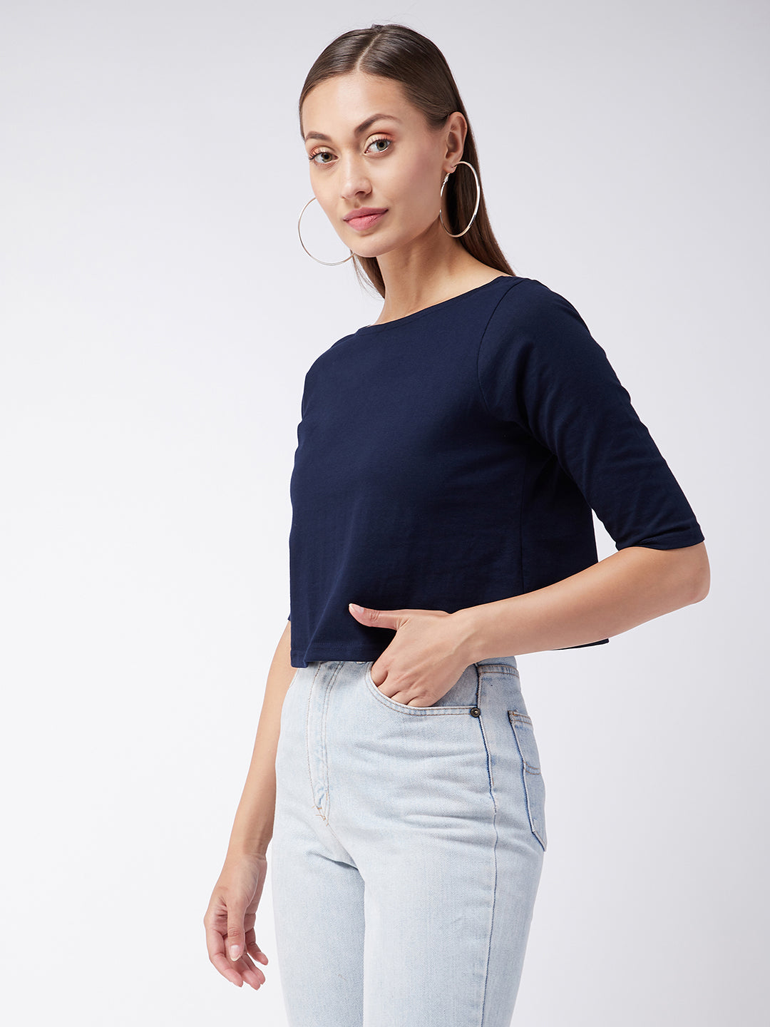 Women's Navy Blue Round Neck 3/4 Sleeves Button Up Top