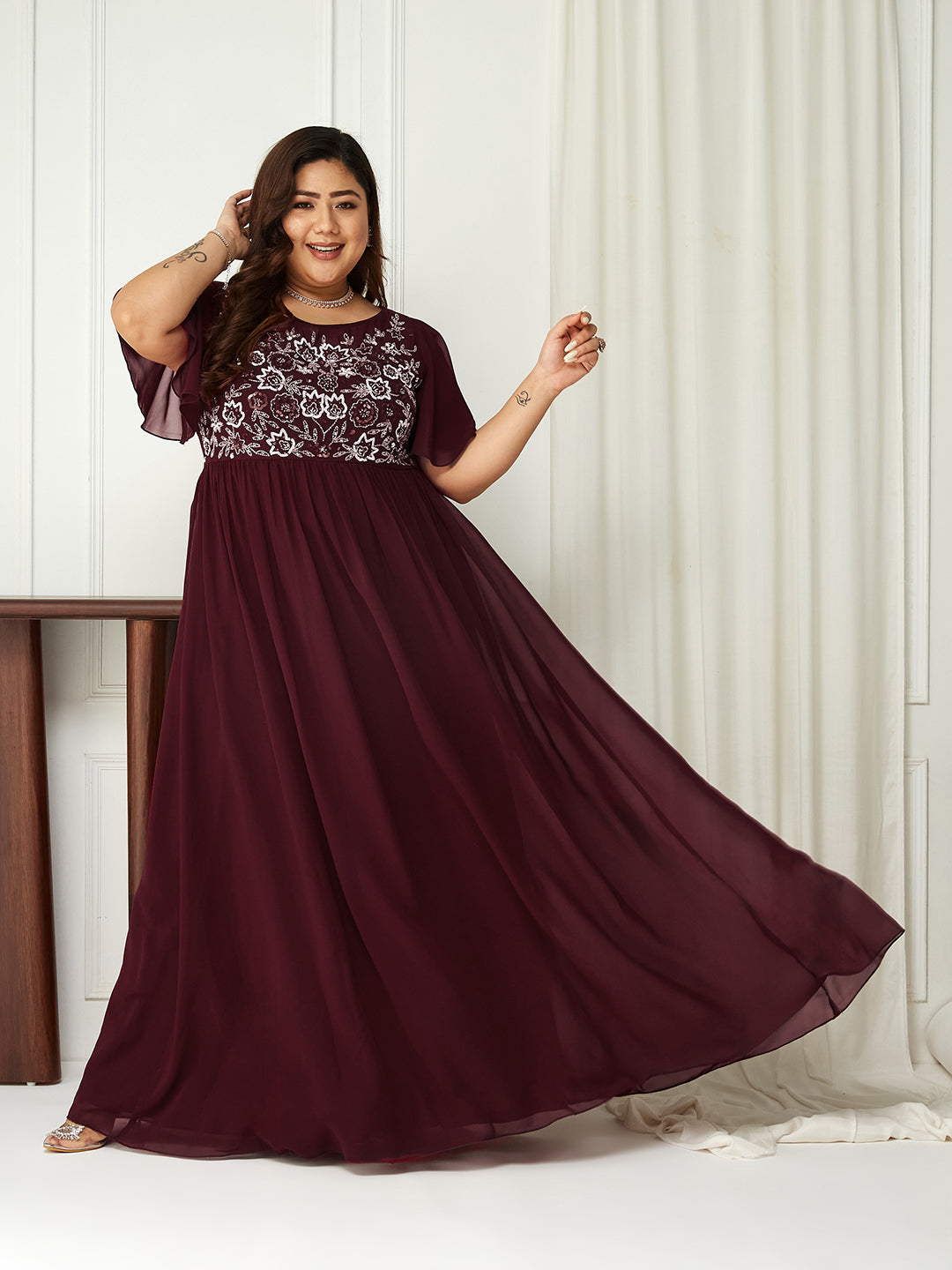 Body Bliss Wine Embellished Georgette Maxi Dress