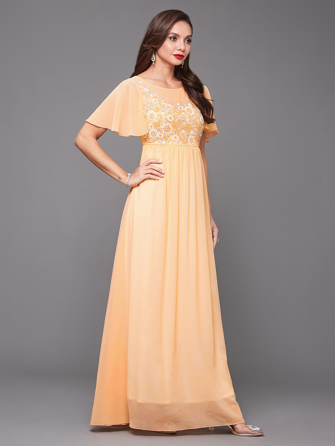 Women's Peach Boat Neck Half Sleeve Solid Embellished Georgette Maxi Dress