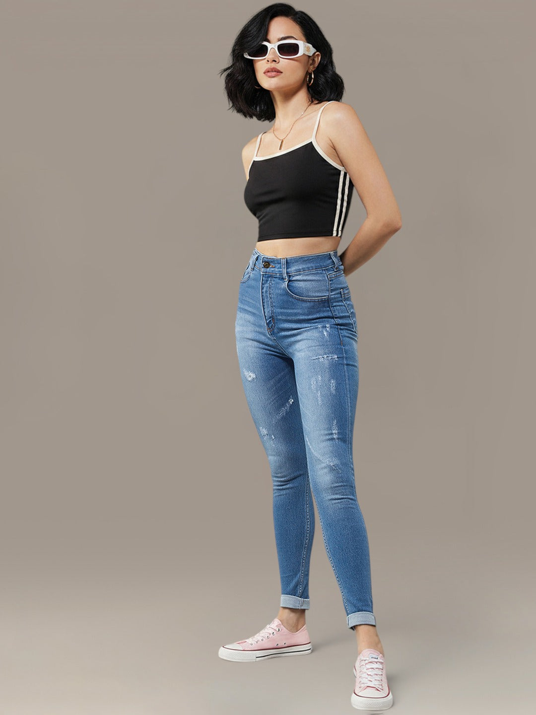 Blue Skinny High Rise Mild Distress Regular Stretchable Denim Jeans for Women
