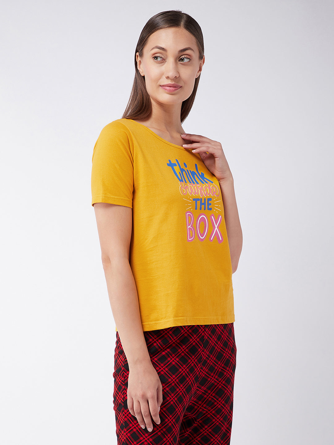 Women's Mustard Cotton Solid Regular Length Round Neck Short Sleeves Loungewear T-shirt