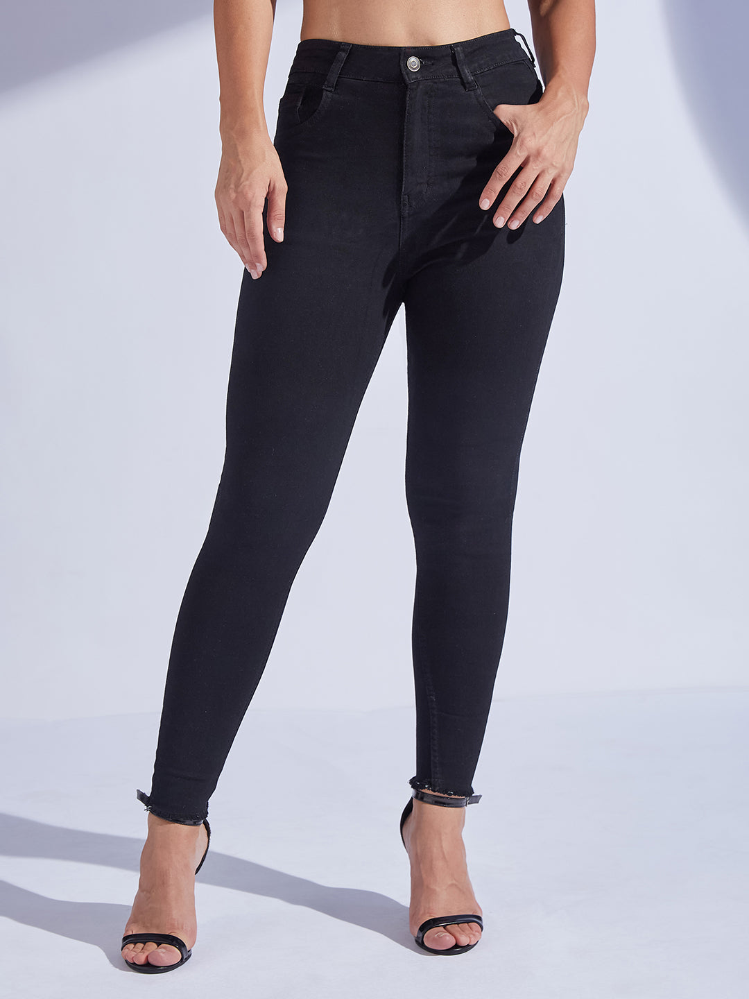 Women's Black Skinny Fringed Detailing High-Rise Solid Cropped Stretchable Denim Jeans