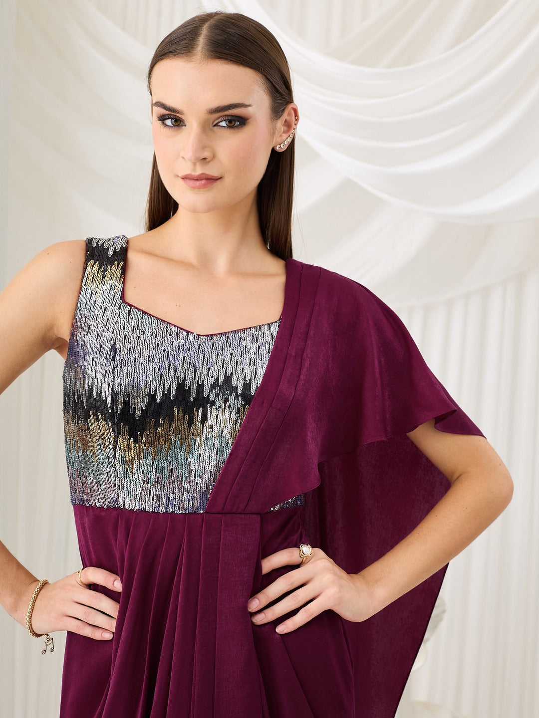 Wine Sweetheart Embellished Gown in Pleated Satin for Women