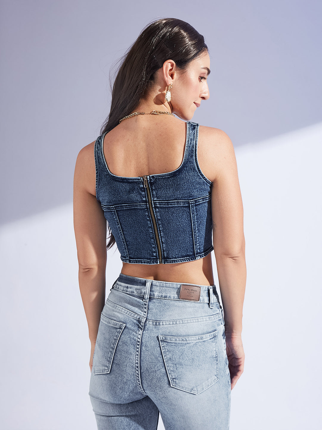 Women's Navy Blue Square Neck Sleeveless Zipper Corset Denim Crop Top