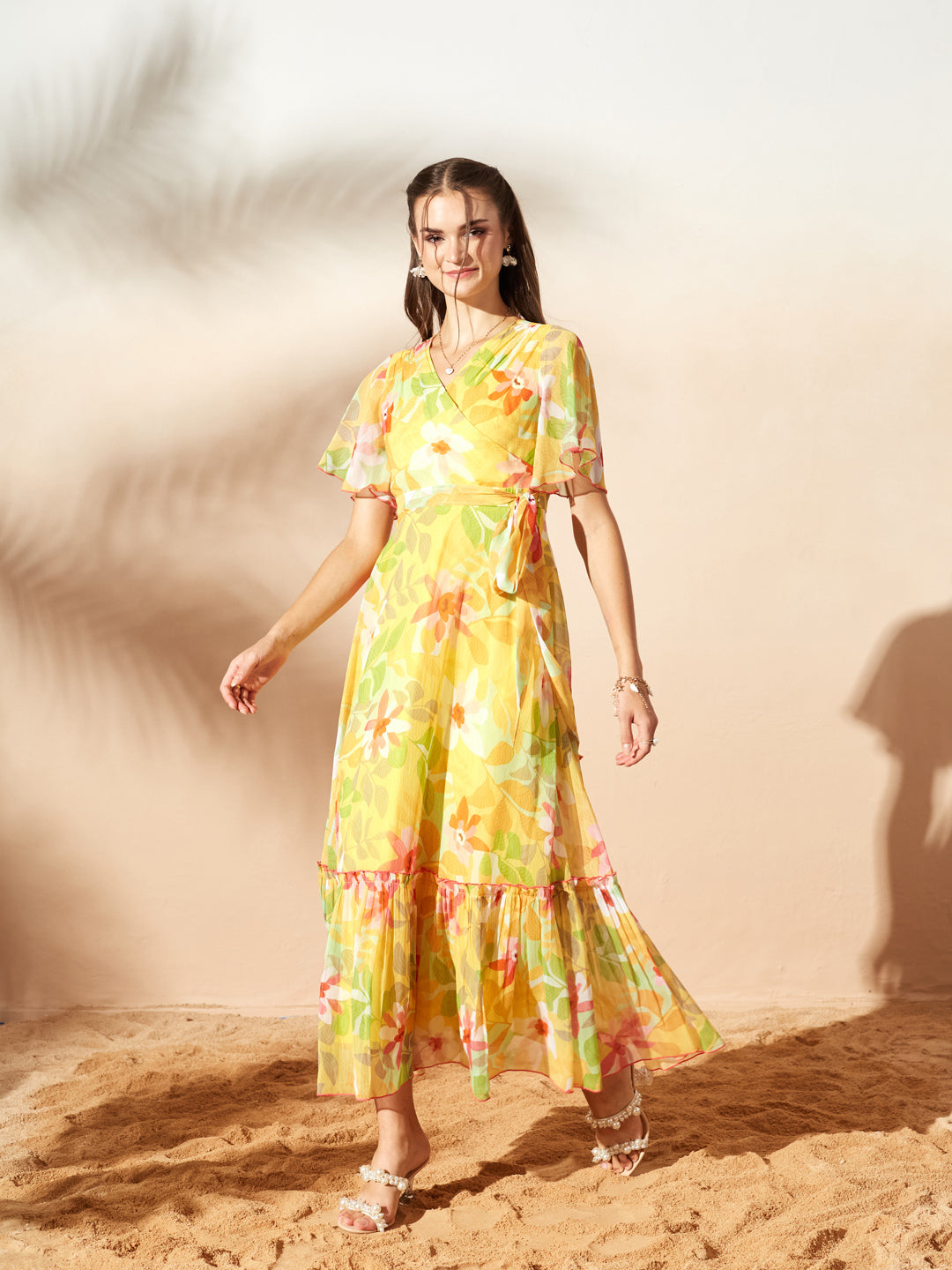 Butter Yellow Floral Printed Flutter Sleeves Maxi Dress for Women