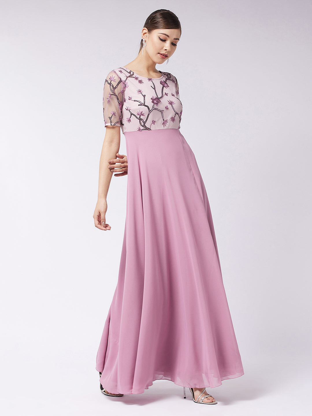 Women's Dusty Lavender Round Neck Half Sleeve Solid Embellished Maxi Dress