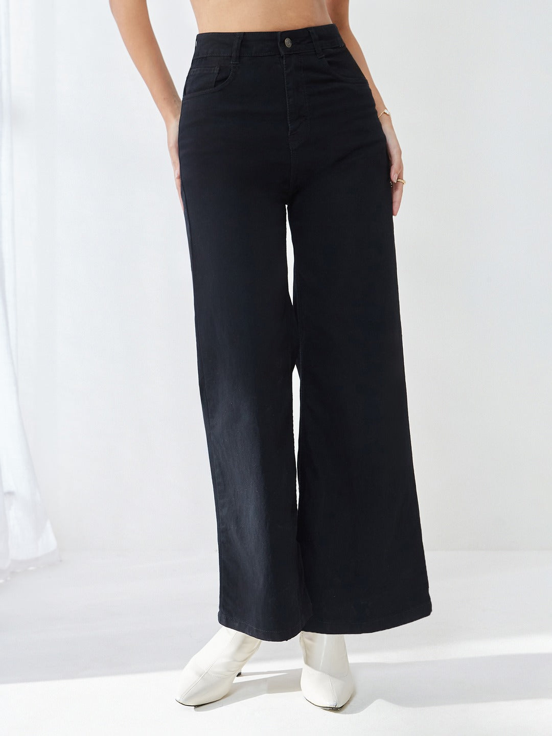 Black Wide Leg High Rise Clean Look Regular-Length Stretchable Denim Jeans for Women