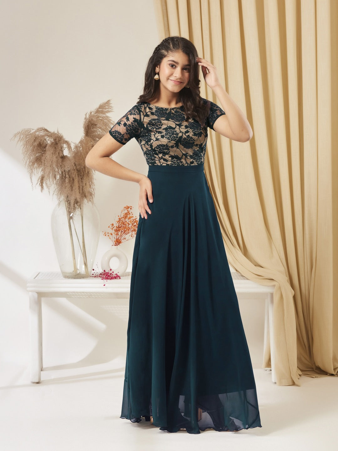 Teal Round Neck Half Sleeve Self Design Fit & Flare Georgette Maxi Dress for Girls/Teenagers