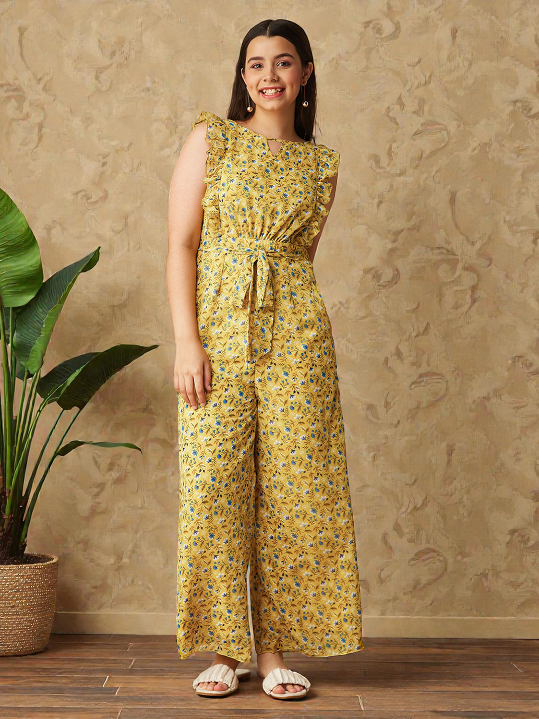 Multicolored-Base-Yellow Round neck Sleeveless Floral Wide-Leg Regular Jumpsuit for Girls/Teenagers