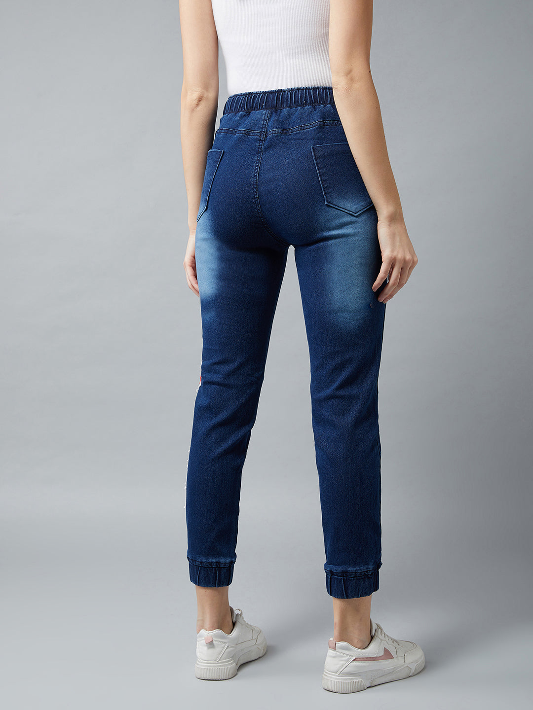 Women's Navy Blue Regular Fit Mid Rise Clean-Look Regular Length Stretchable Denim Jogger