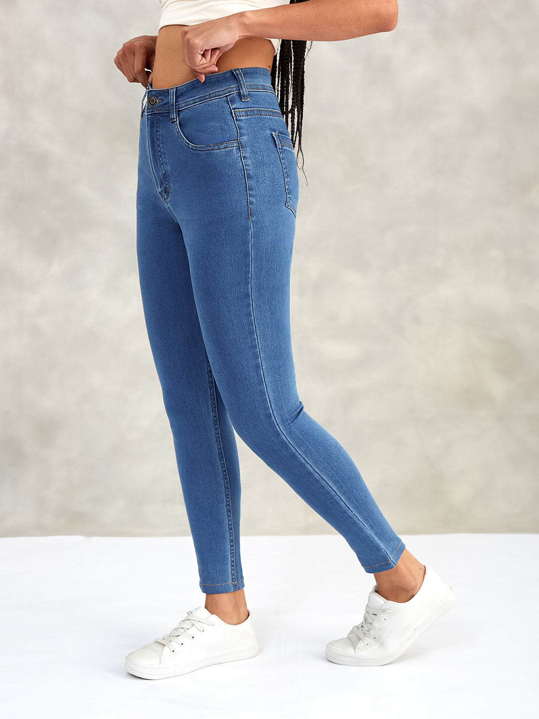 Women's Blue Skinny High-Rise Distressed Cropped Denim Jeans