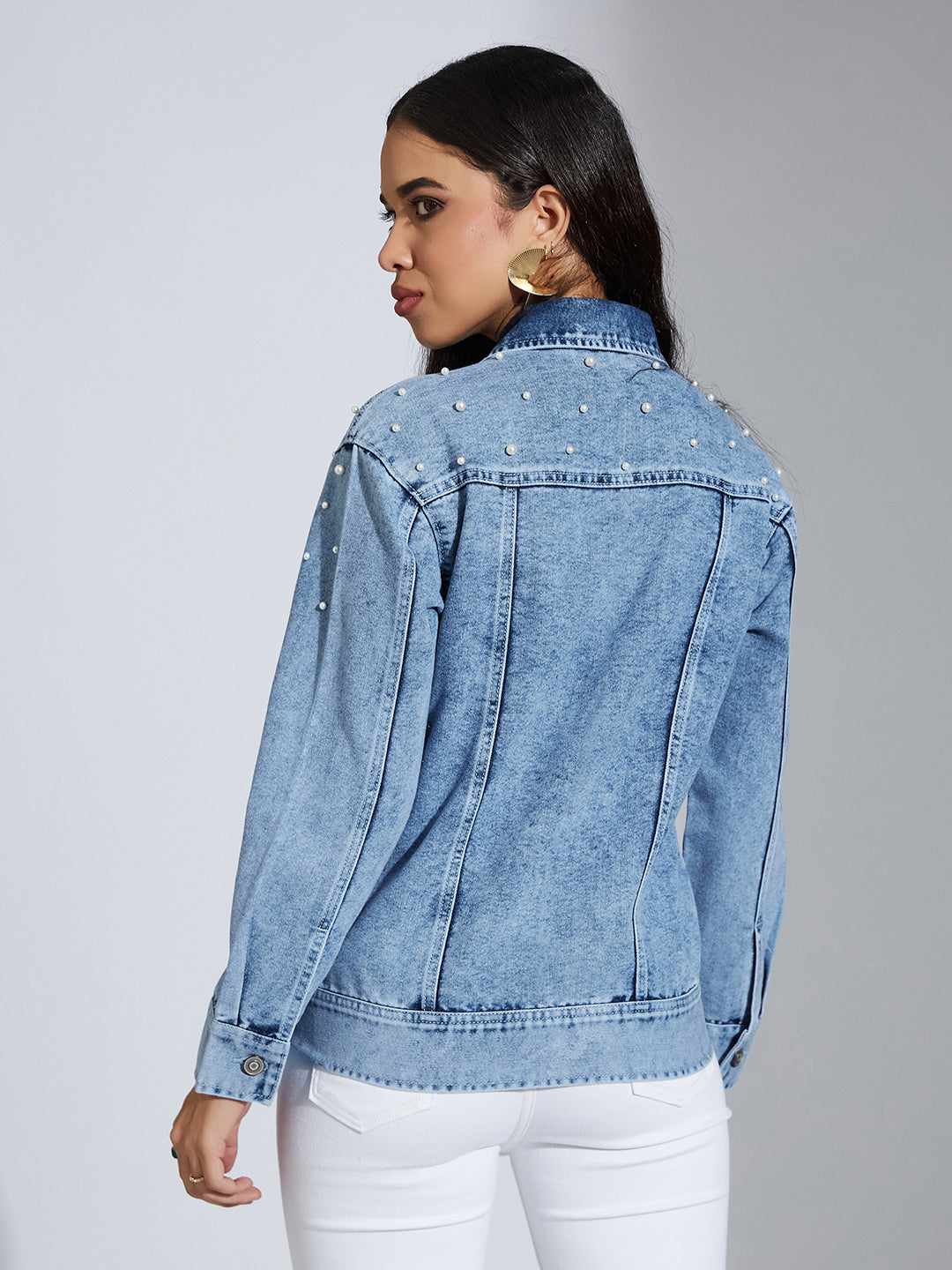 Women's Light Blue Full Sleeve Solid Embellished Pearl Denim Jacket