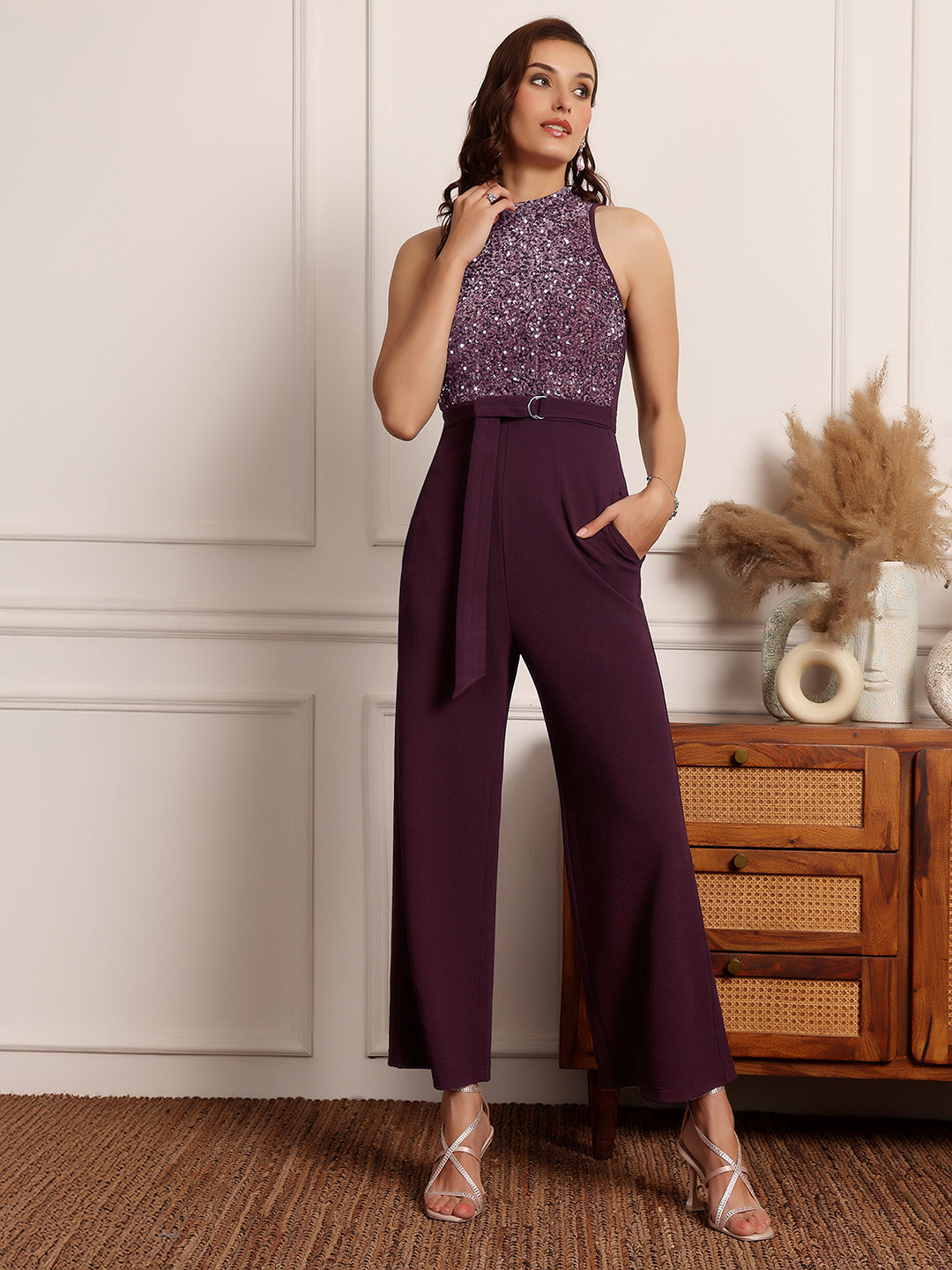 Women's Dark Purple Halter Neck Sleeveless Embellished Regular-Length Jumpsuit