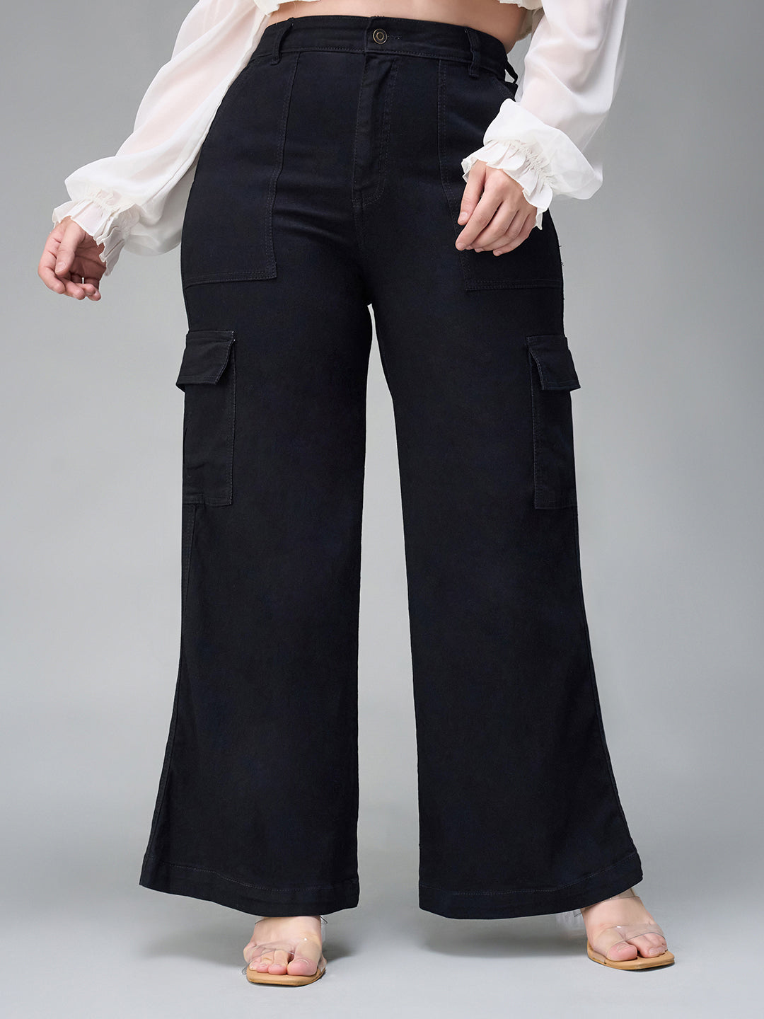 24/7 Comfort Black Wide-Leg High-Rise Stretchable Denim Cargo Jeans for Women