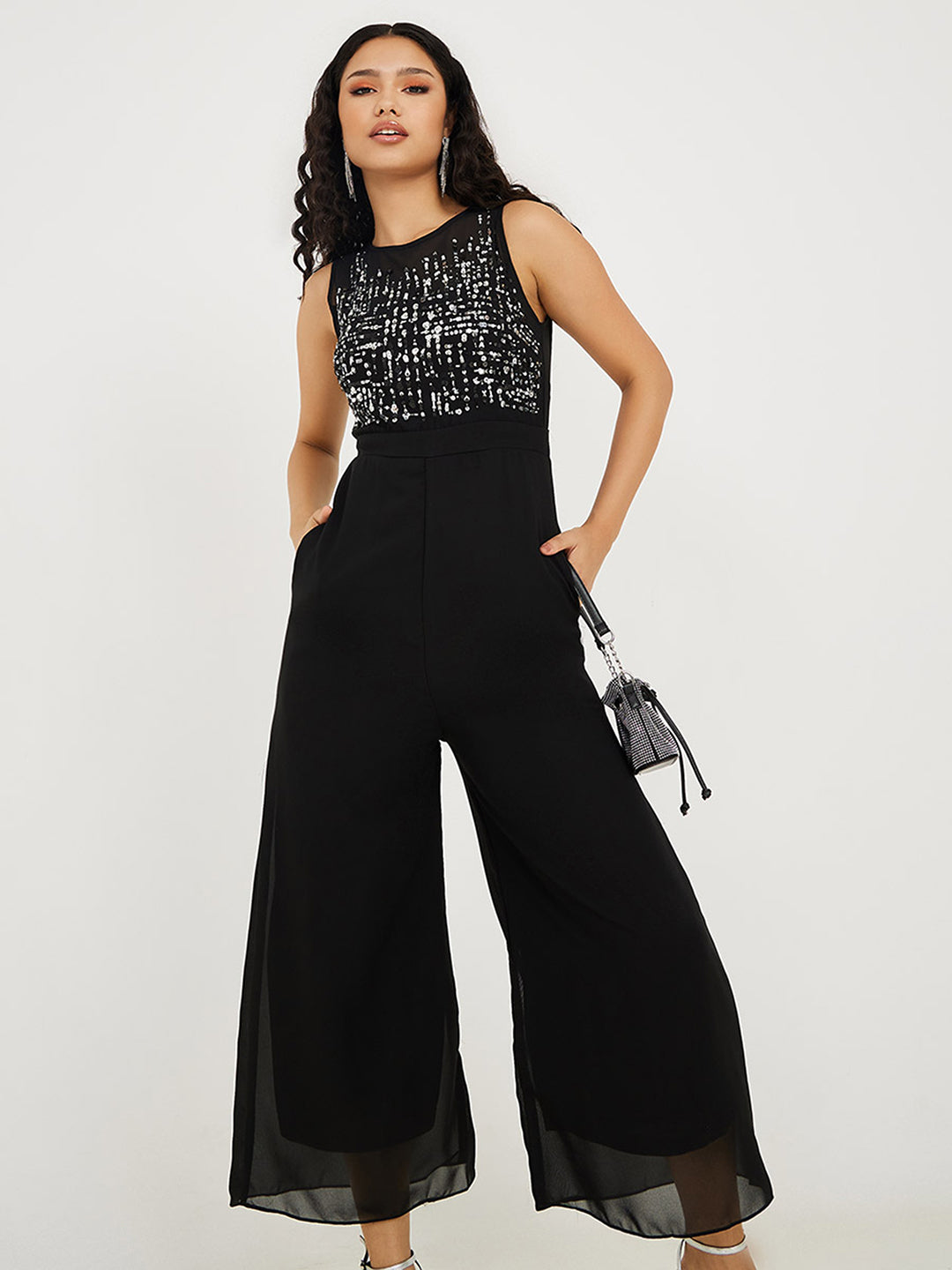 Women's Black Boat Neck Sleeveless Solid Embellished Regular Length Jumpsuit