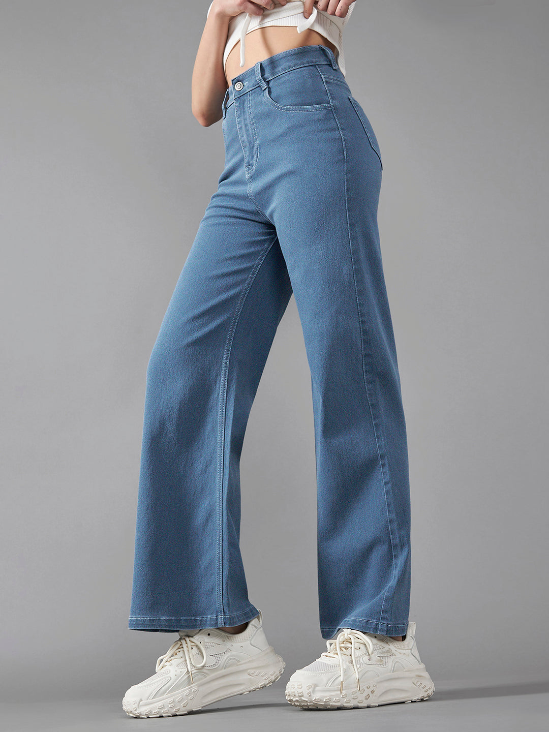 24/7 Comfort Blue Wide-Leg High-Rise Midly-Distressed Stretchable Denim Jeans