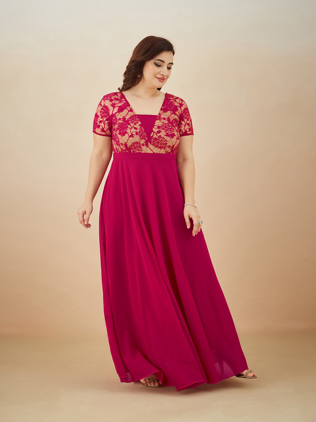 Dark Pink Square Neck Raglan Short Sleeve Self Design Lace Overlaid Georgette Maxi Dress for Women — Miss Chase A+