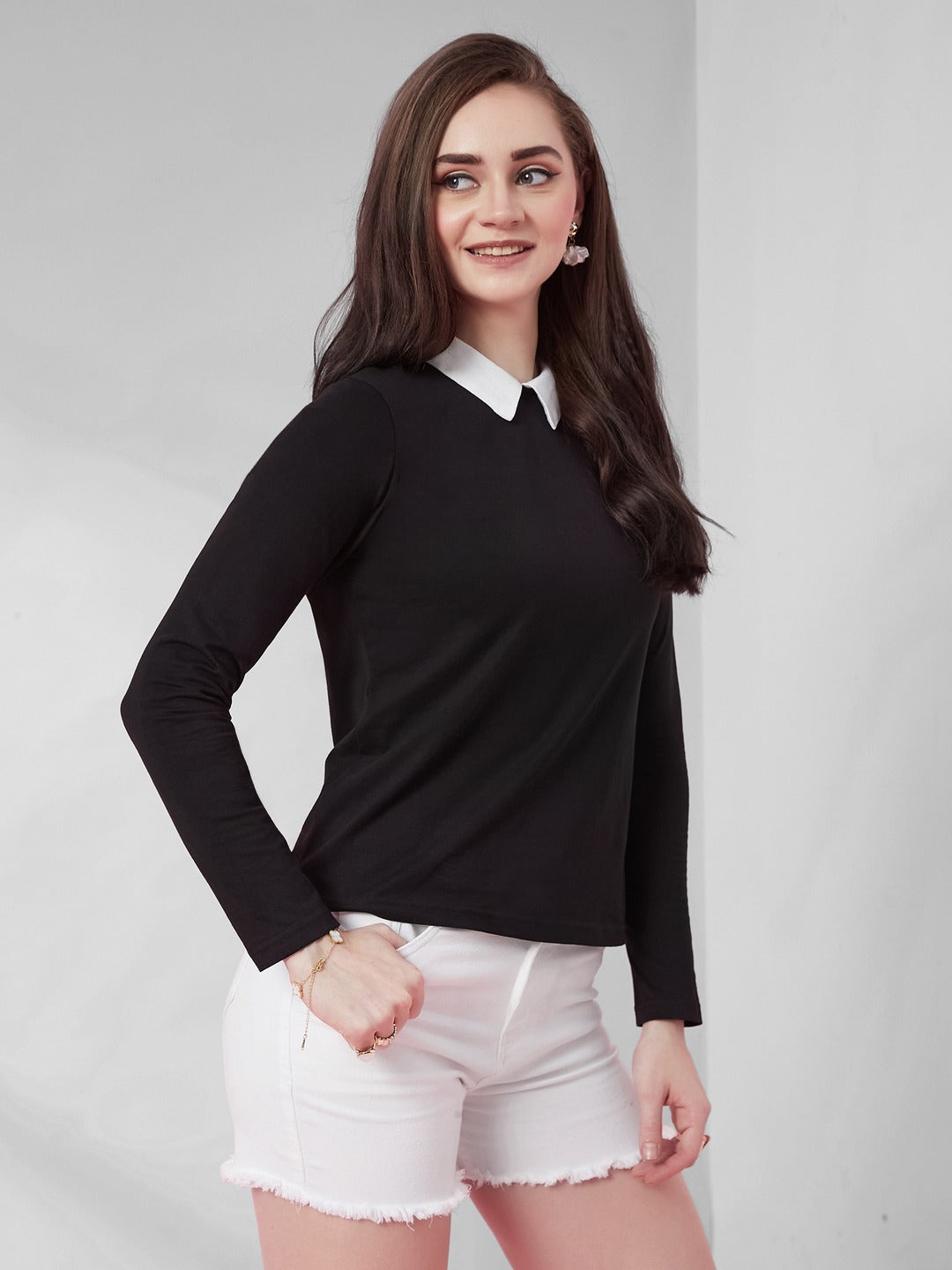 Black Collared Round Neck Full Sleeve Cotton Solid Buttoned Top for Women