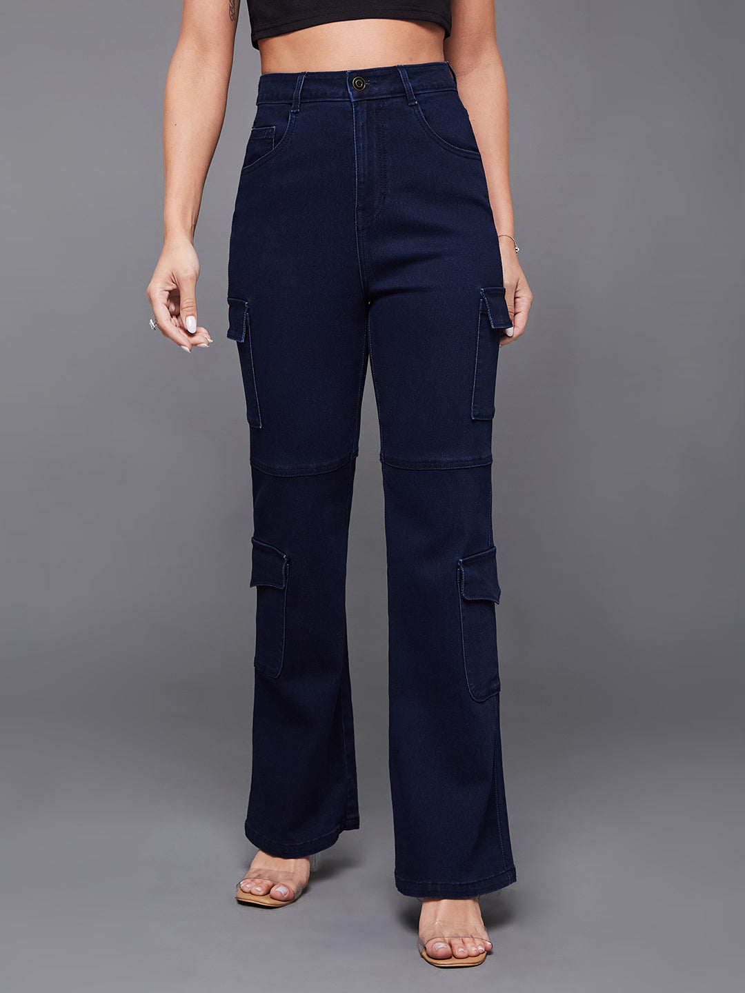 24/7 Comfort Navy-Blue Wide-Leg High-Rise Stretchable Denim Jeans