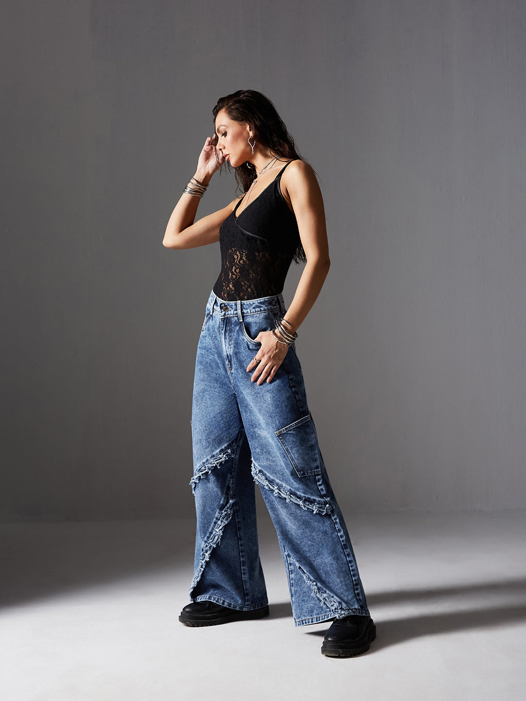 Women's Navy-Blue Wide-Leg High-Rise Highly-Distressed Regular-Length Denim Jeans