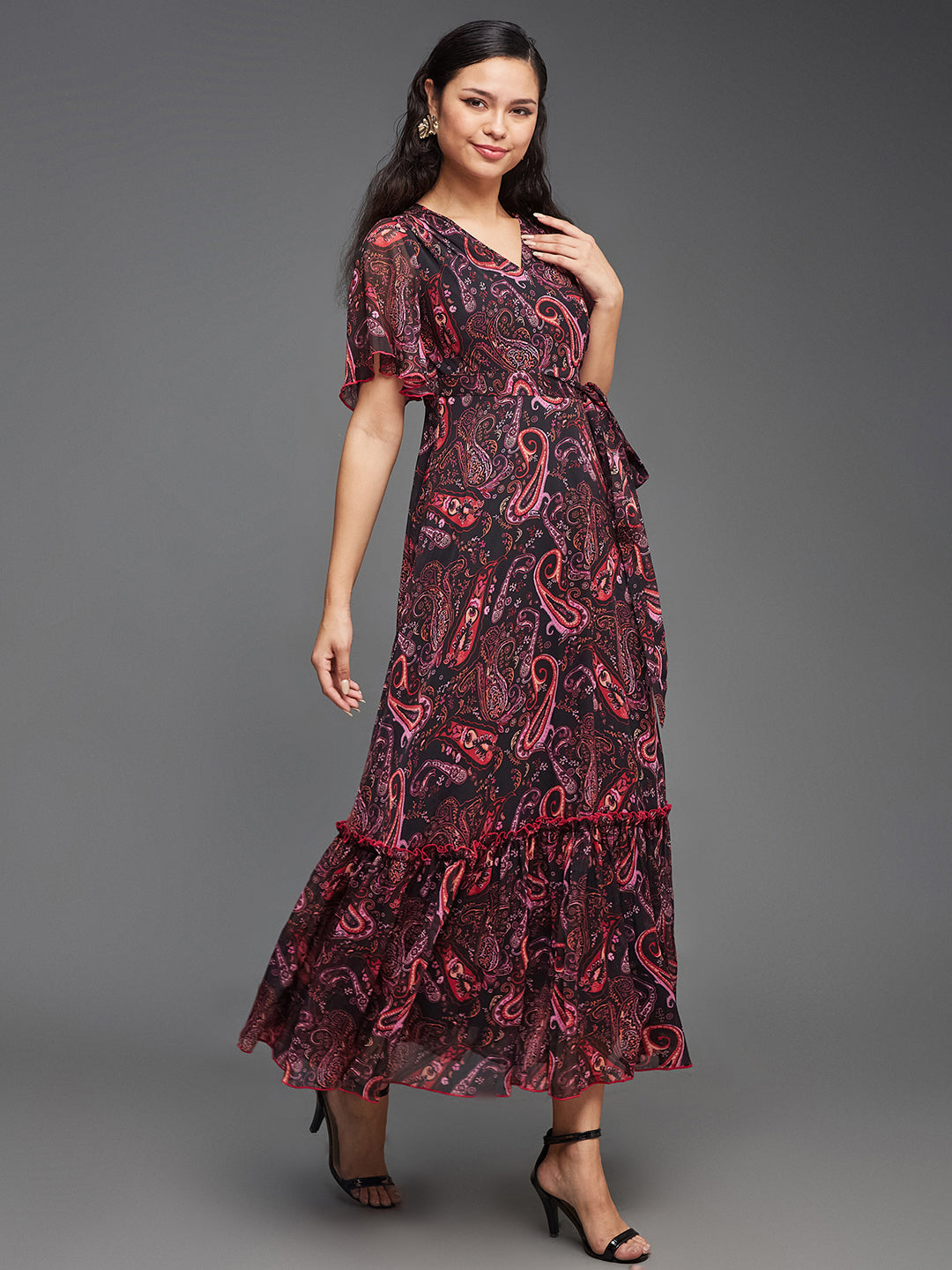 Women's Multicolored-Base-Black Bohemian V-Neck Flutter Sleeve Chiffon Relaxed Fit Wrap Maxi Dress