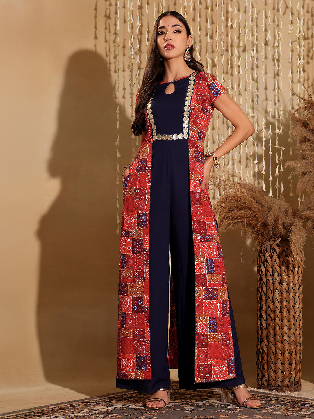 Women's Multicolored Keyhole-Neck Regular-Sleeve Bohemian Paneled Viscose-Rayon Regular-Length Jumpsuit