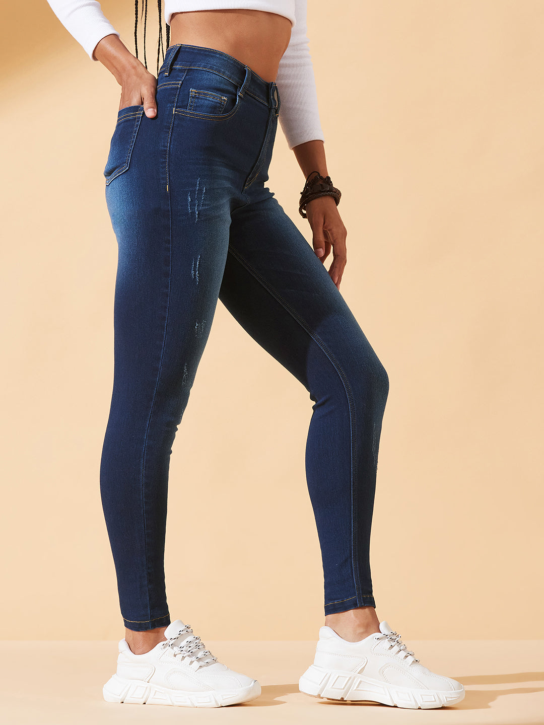 High-Rise Navy Blue Skinny Jeans with Mild Distress, Whiskering & Cat Scratch Detailing For Women