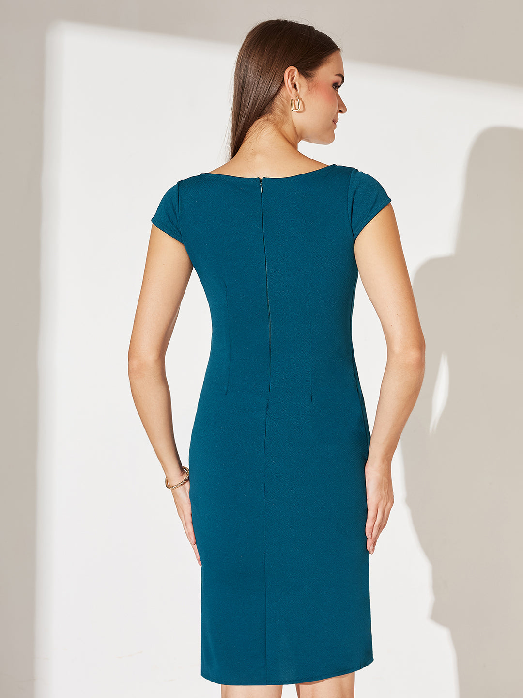 Teal V-Neck Cap Sleeve Solid Wrapped Polyester Knee-Long Dress for Women