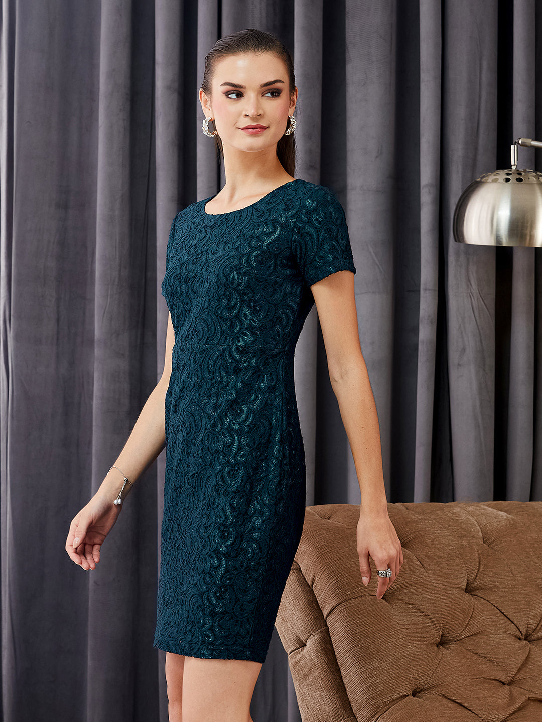 Women’s Teal Round Neck Half Sleeve Self Design Bodycon Knee-Length Lace Dress for Women