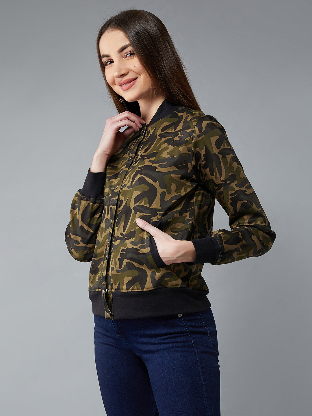 Women's Multicolor-Base Olive Green Stand Collar Full Sleeves Cotton Bomber Regular Length Jacket