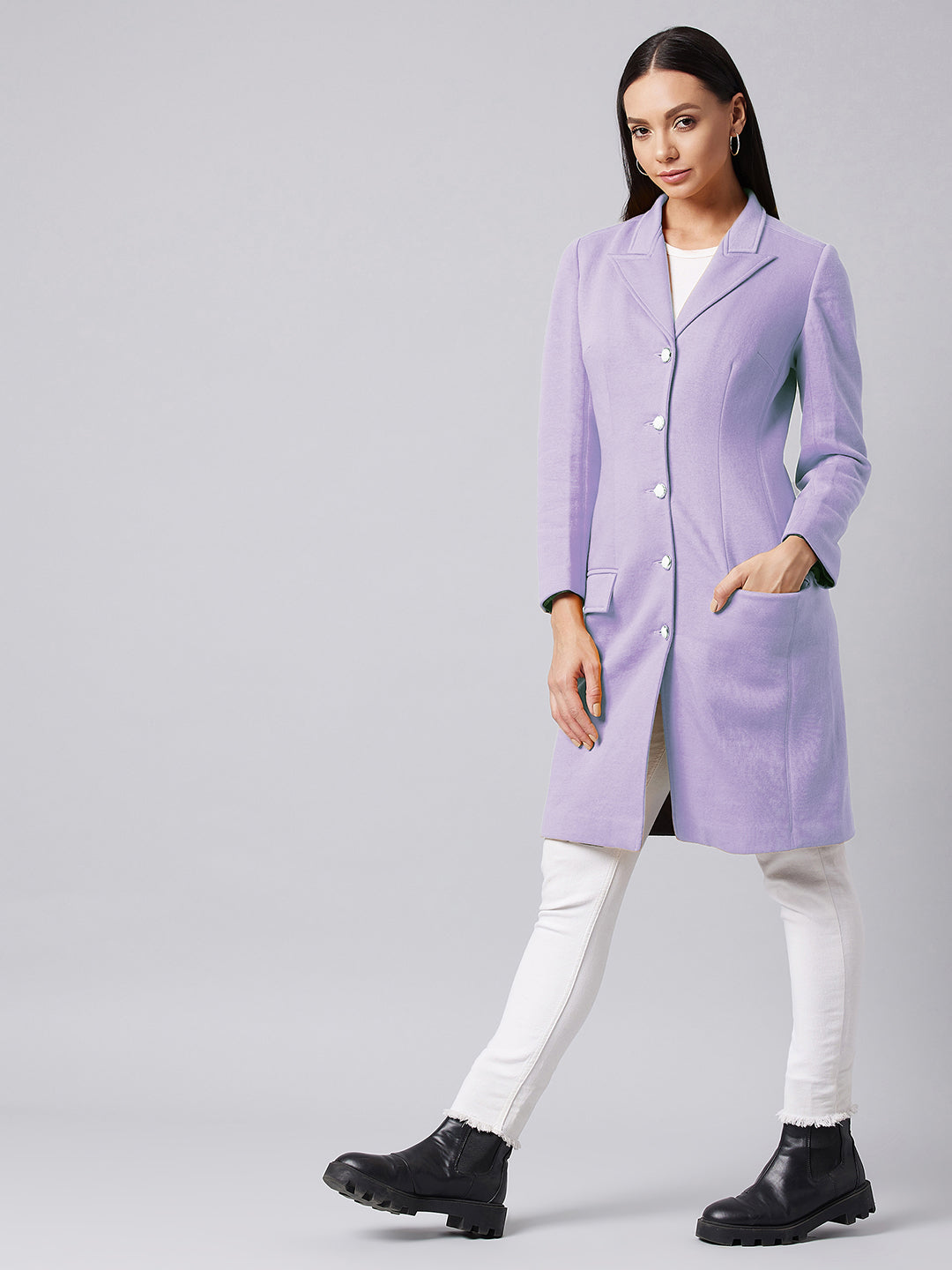 Women's Lavender Notch Collar Full sleeve Solid Paneled Knee length Jacket