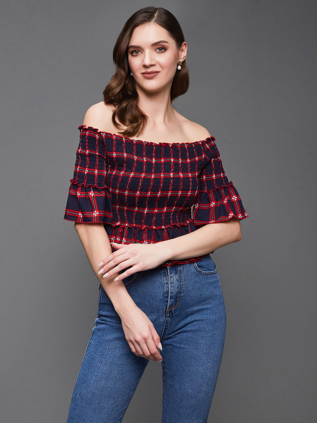 Women's Navy and Red Checkered Bardot Flared Sleeves Viscose Rayon Smocked Short Top