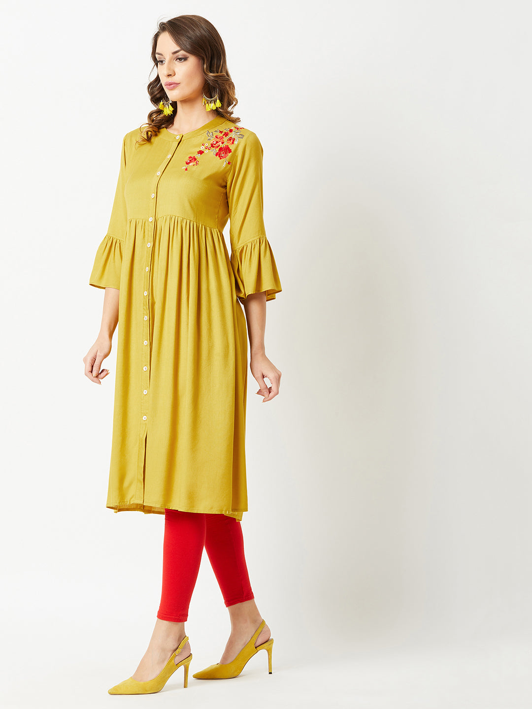 Women's Mustard Round Neck 3/4th Sleeve Solid Embroidered Gathered Midi Dress
