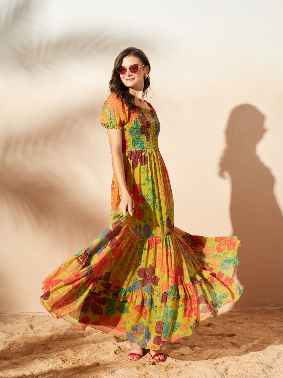 Lime Green Square Neck Puff Sleeve Floral Fit And Flare Maxi Chiffon Dress for Women