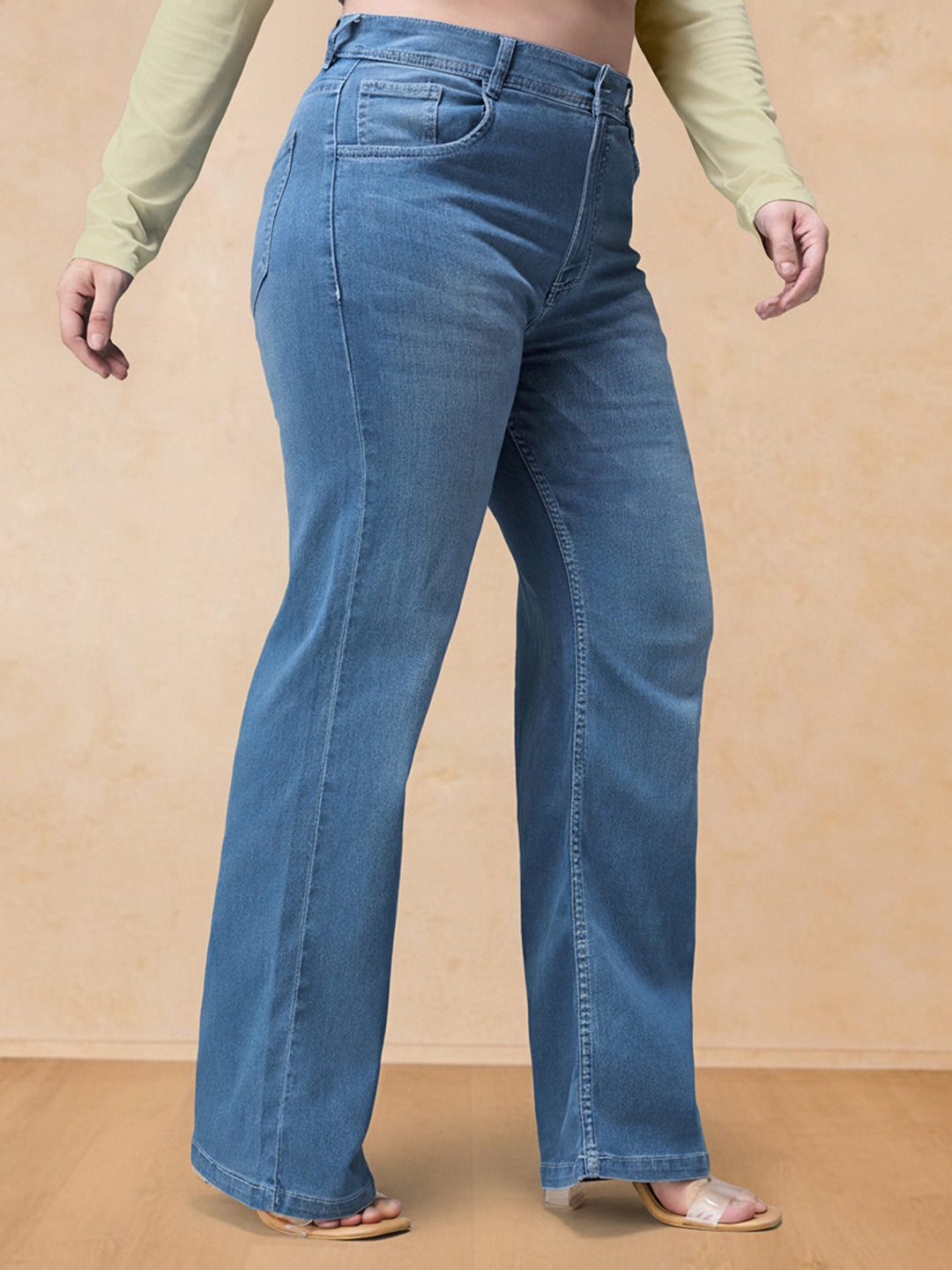 Light Blue Wide-Leg Mid Rise Blast Effect Denim Jeans for Women