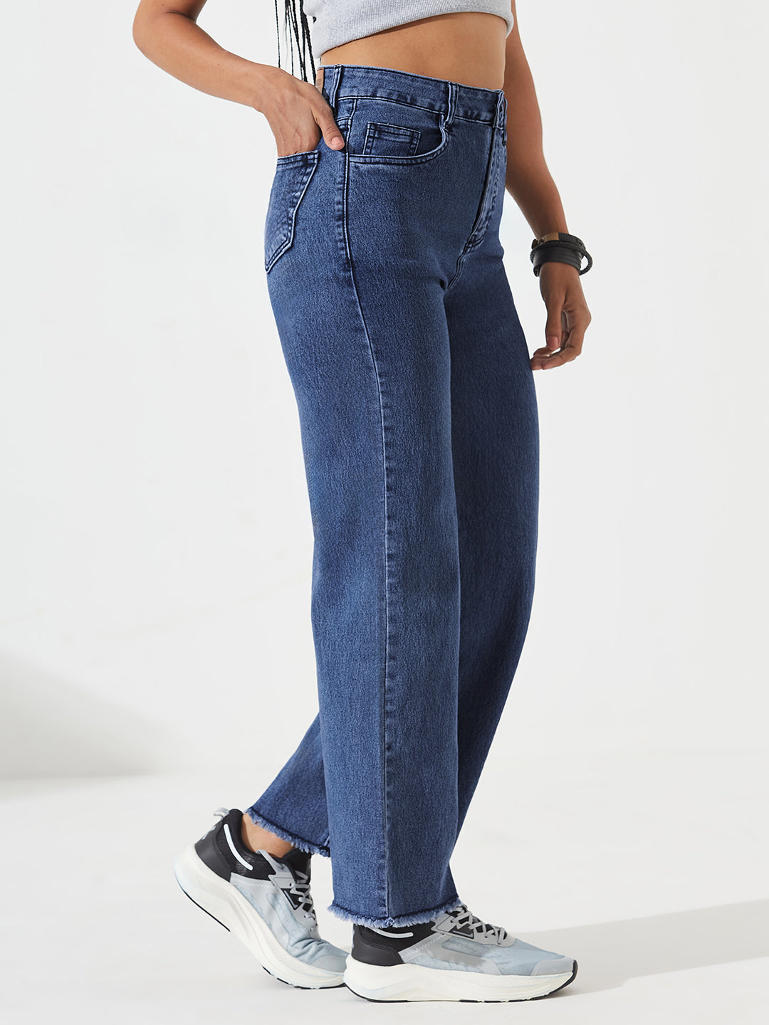 Navy Blue Wide-Leg High-Rise Stretchable Denim Jeans For Women