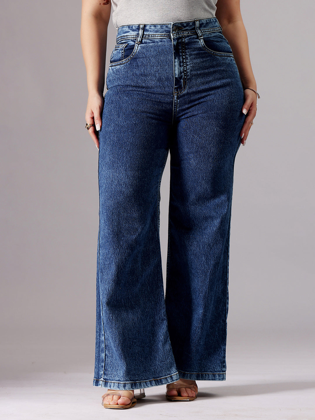 24/7 Comfort Mid-Blue Wide-Leg High-Rise Regular-Length Stretchable Denim Jeans
