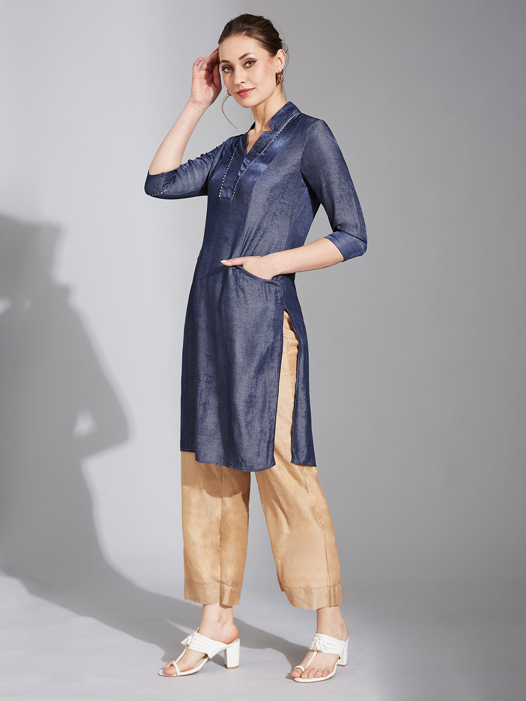 Women's Blue Stand Collar Three-Quarter Sleeve Solid Back Pleated Knee-Long Polyester Kurta