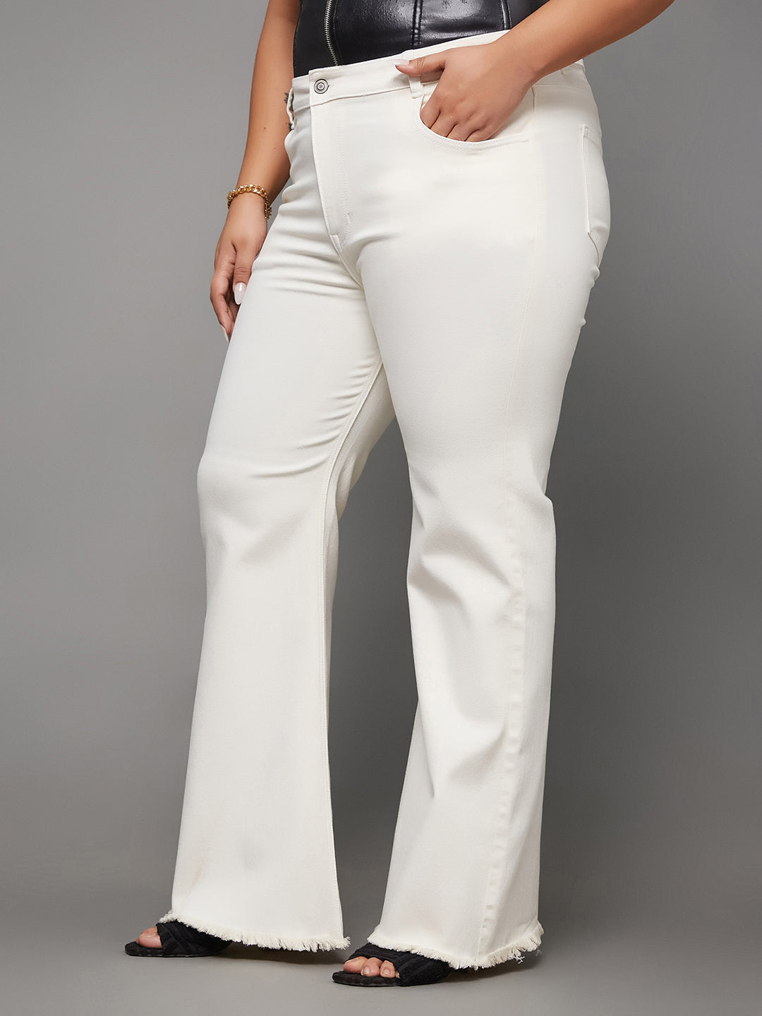 24/7 Comfort White Bell-Bottom Bootcut High-Rise Stretchable Denim Jeans for Women — Miss Chase A+