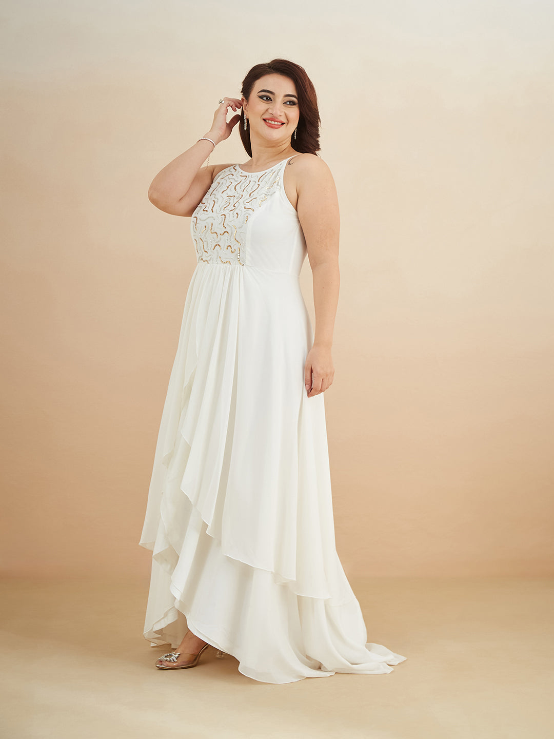 Off White Round Neck Sleeveless Solid Embellished Maxi Dress for Women — Miss Chase A+