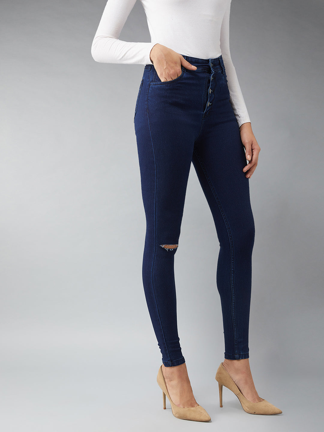 CHASEstretch™ Navy-Blue Skinny High-Rise Knee-Slit Denim Jeans