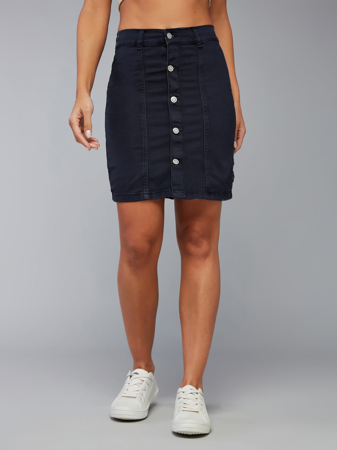 Women's Navy Blue Stretchable Solid A-line Mini Denim Skirt