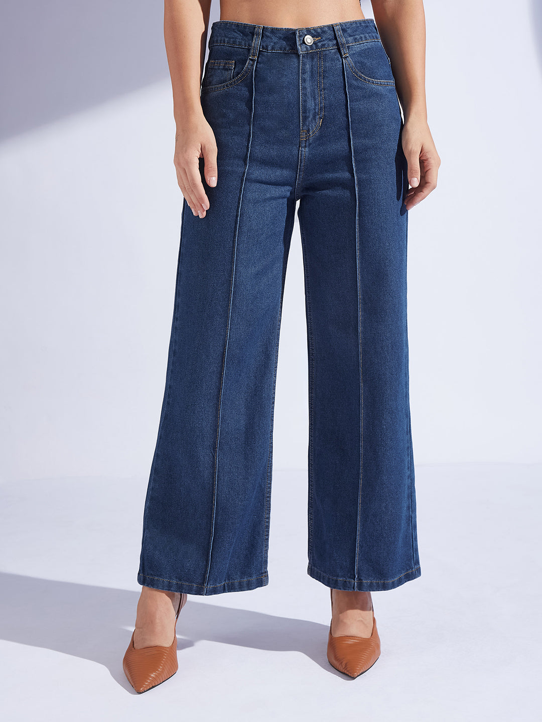 Women's Navy Blue Wide-Leg High-Rise Clean-Look Regular-Length Non-stretchable Denim Jeans