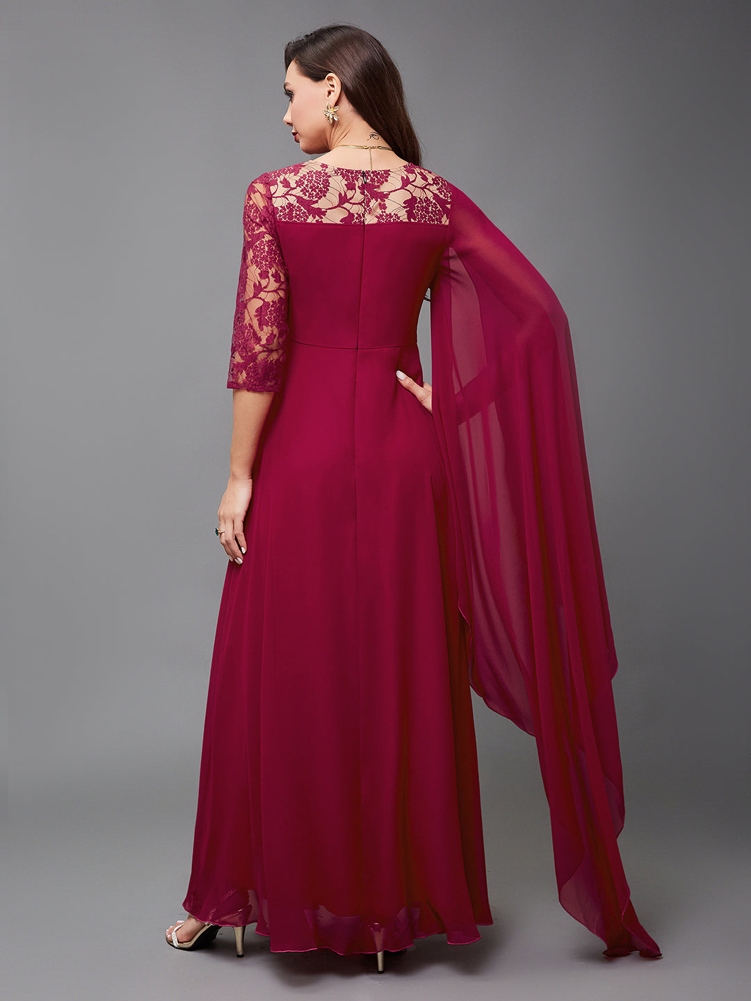 Dark Pink Assymetric Long Sleeves Lace Maxi Dress Long Dress Frock for Women