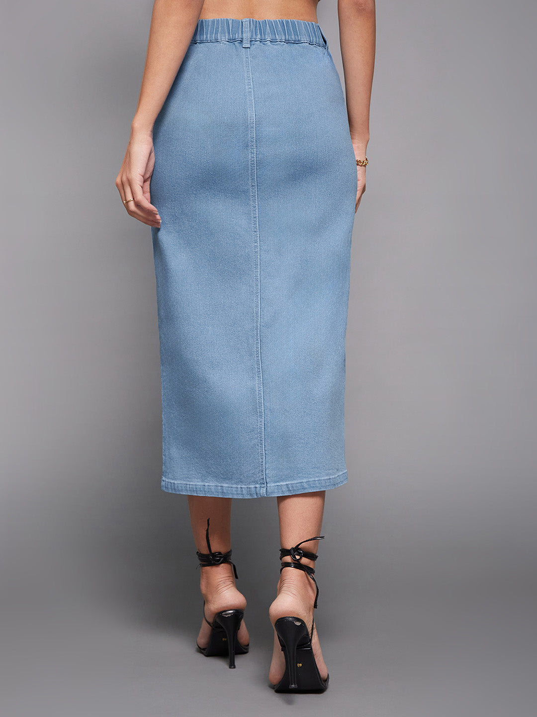Women's Light Blue Straight-Fit High-Rise Stretchable Denim Midi Skirt