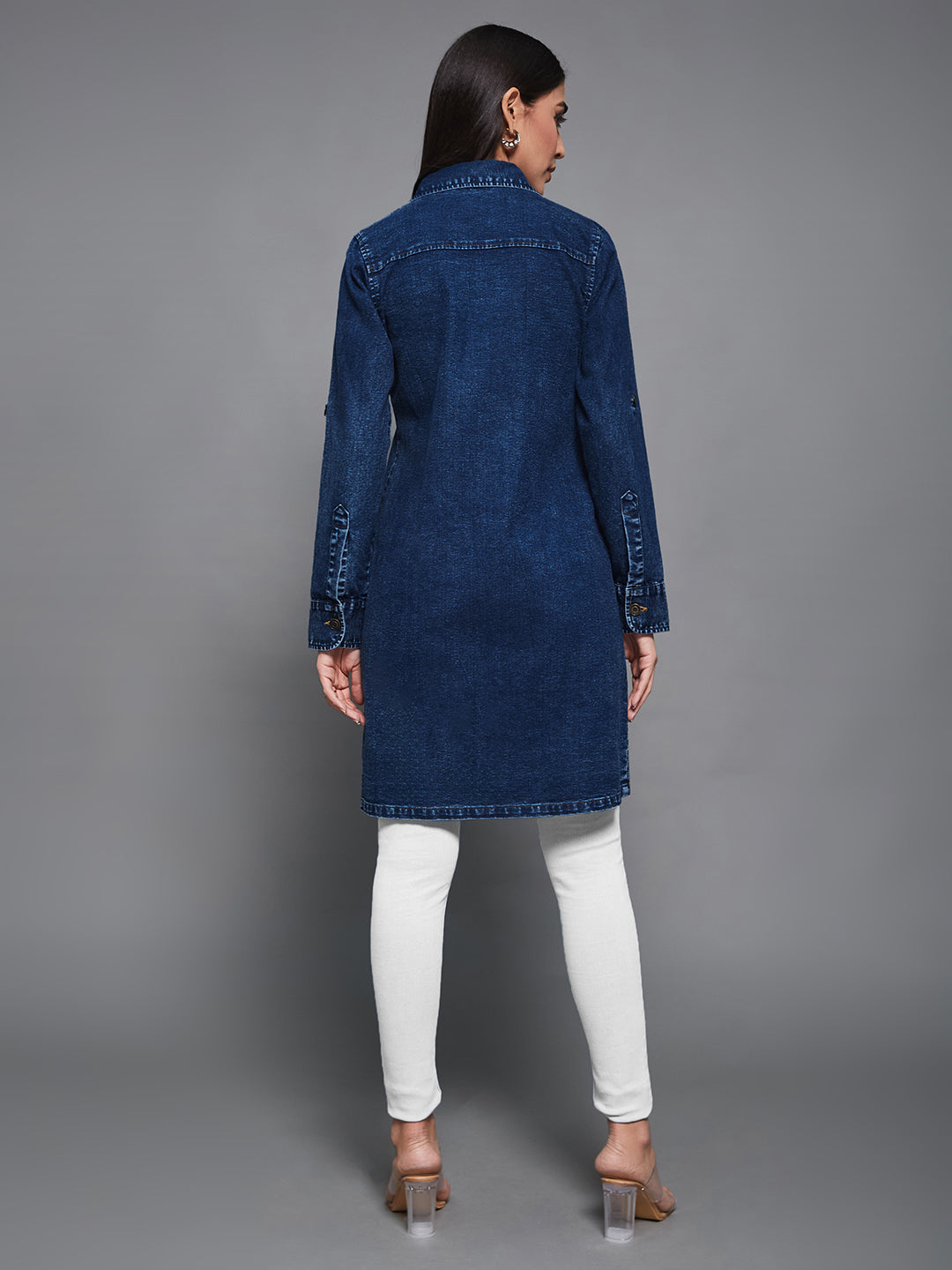 Navy-Blue Solid Polo Neck Full Sleeves Patch Pocket Denim Overcoat Knee-Length Jacket for Women