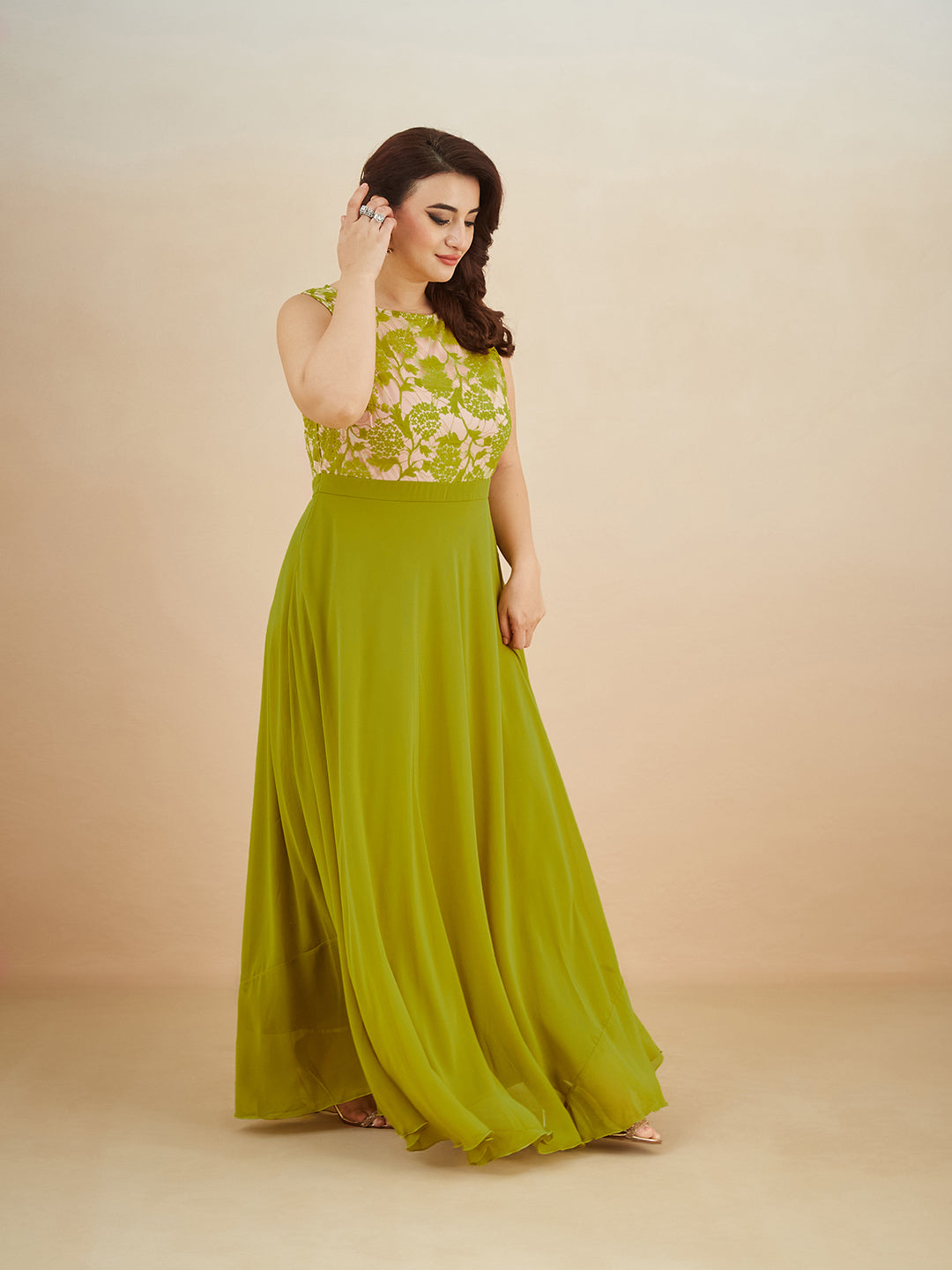 Lemon Green Round Neck Sleeveless Georgette Floral Lace Fit & Flare Maxi Dress for Women — Miss Chase A+