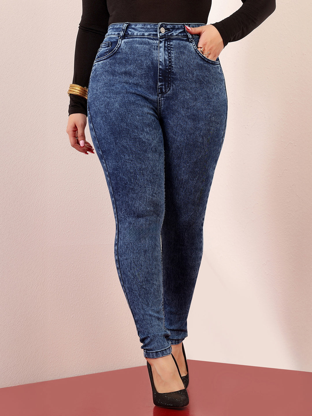 Women's Blue Skinny-Fit High-Rise Clean-Look Cropped Stretchable Denim Jeans