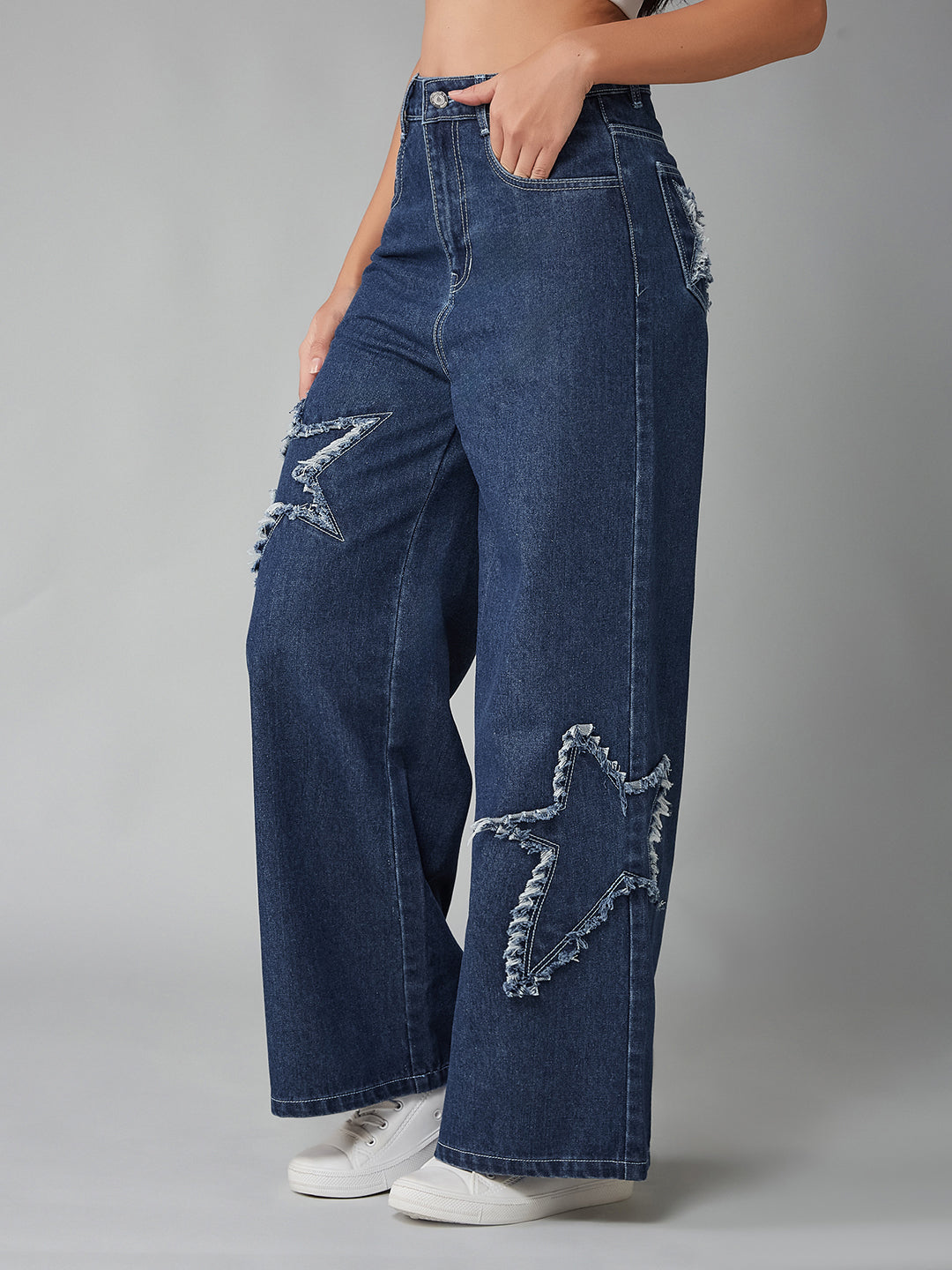 Women's Navy Blue High-Rise Mildly-Distressed Regular-Length Stretchable Denim Wide-leg Jeans