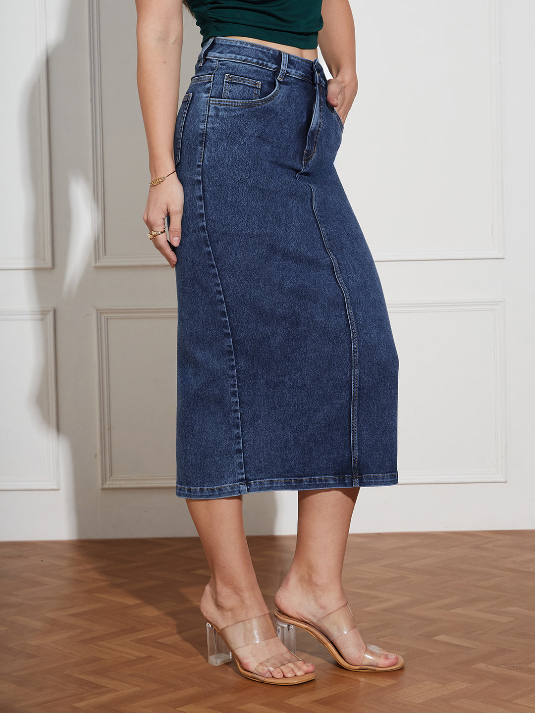 CHASEshape™ Women's Dark Blue High-Rise Stretchable Denim Midi Skirt with Back Slit – Shaping Fit